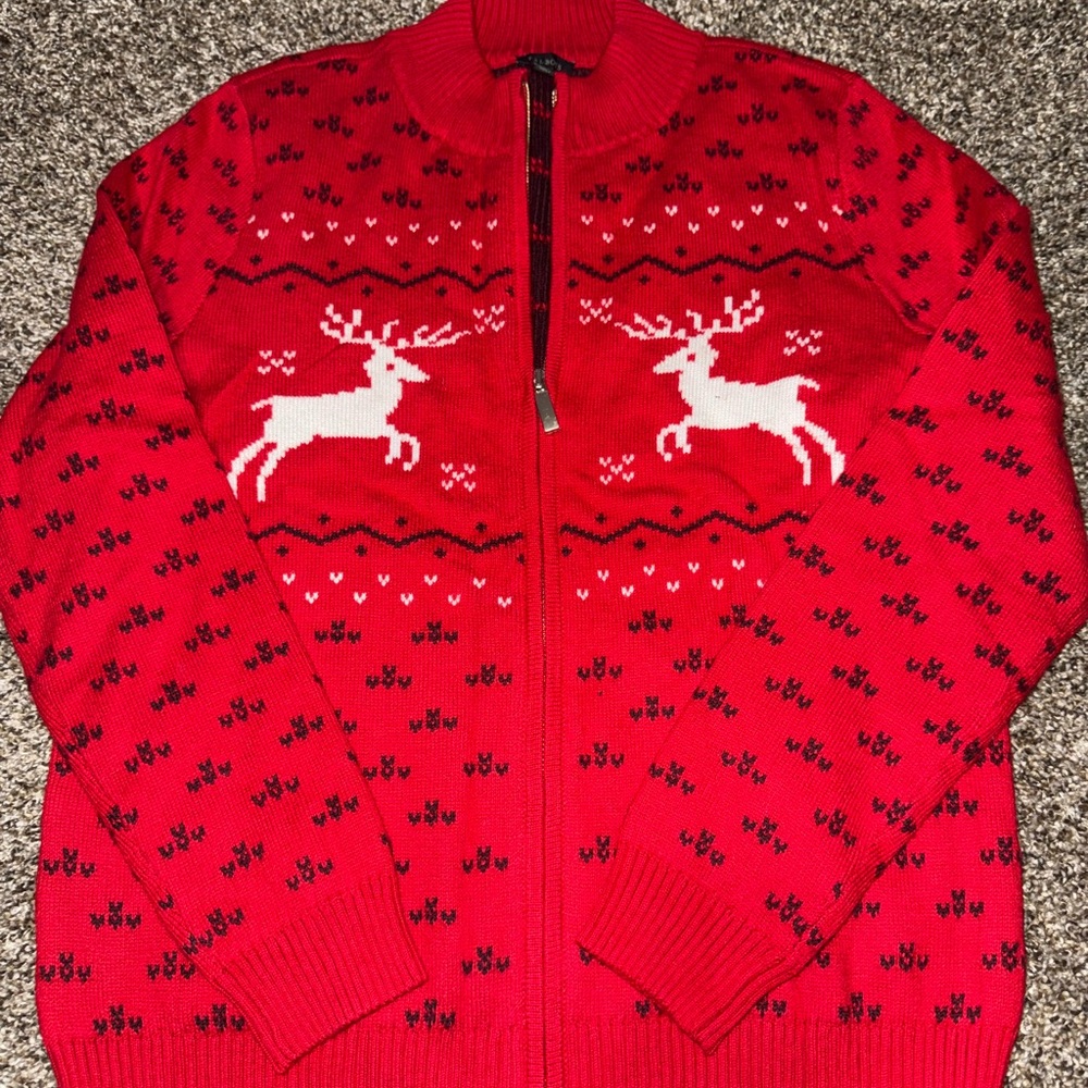 Talbots Red Cardigan with Reindeer Design